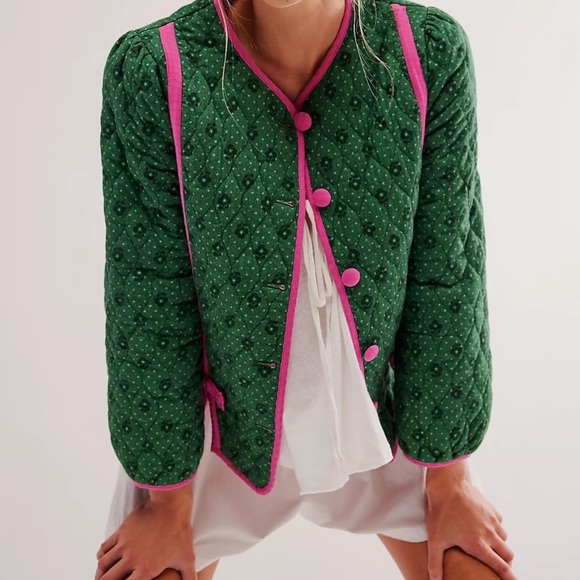 Chic Nation Green quilted Puffer jacket with Pink Accents